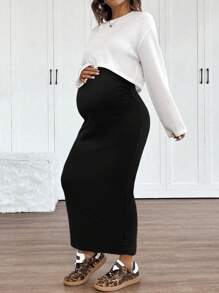 SHEIN Maternity Set: Raglan Long Sleeve Top + Solid Color Fitted Strap Dress, 2pcs, Autumn