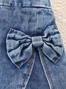 2pcs Baby Girl Casual Bow & Dot Print Denim Outfit Sets, Fashionable & Cute Style,Summer