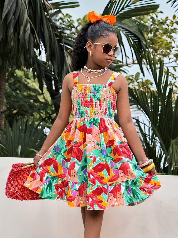 SHEIN Tween 女童编织热带植物印花蝴蝶结装饰弹性腰部短裙 - 彩色 - 查看 2