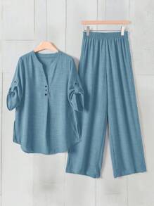 Rusticease Casual Daily Wear Notched Neck Short Sleeve Top And Elastic Waist Long Pants Women's Summer Clothes European Summer Streetwear Women Country Outfits Women Country Concert Outfit Women Clothes Streetwear Women Streetwear Women  European Summer Women's Summer Clothes