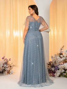 SHEIN Belle Vestido de dama de honor de tul con lentejuelas, volantes, mangas abullonadas, decoración de tela plisada, elegante y romántico, en azul polvoriento de talla grande - Neblina azul - Ver 6
