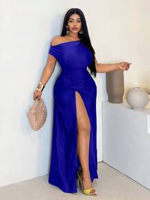 Maweii Plus Size Women's Solid Color Asymmetric Neckline Thigh High Slit Twist Front Dress - Royal Blue - View 5