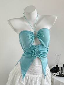 Flirla Fashionable Casual Lace-Up Halter Neck Women Tank Top, Spring/Summer - Mint Green - View 3