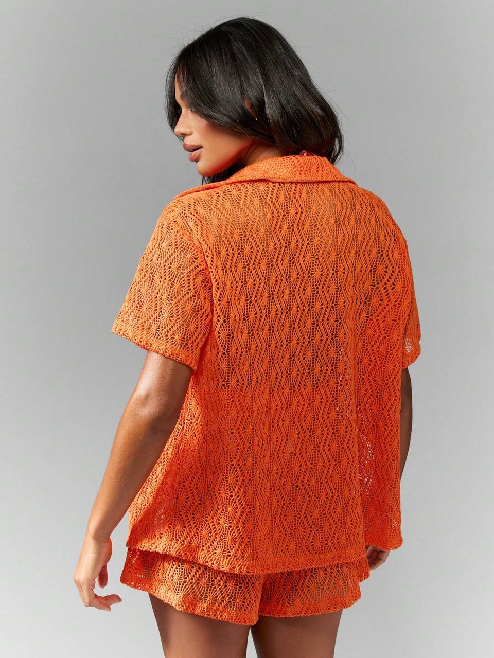 MISSGUIDED Crochet Lace Cover Up Button Down Shirt And High Waist Shorts Set