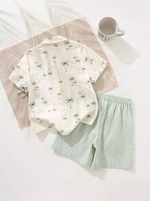 Cozy Pixies Set de 2 piezas compuesto por un cárdigan de manga corta con cuello y estampado de palmeras, y un short de cintura elástica para niñas