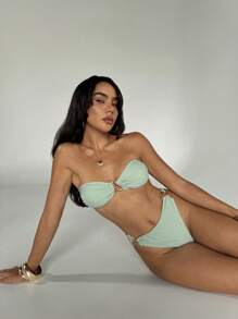 Aloruh Traje de baño de mujer para primavera y verano, Bottom de bikini de color verde sólido, playa del Día de San Patricio con decoración metálica