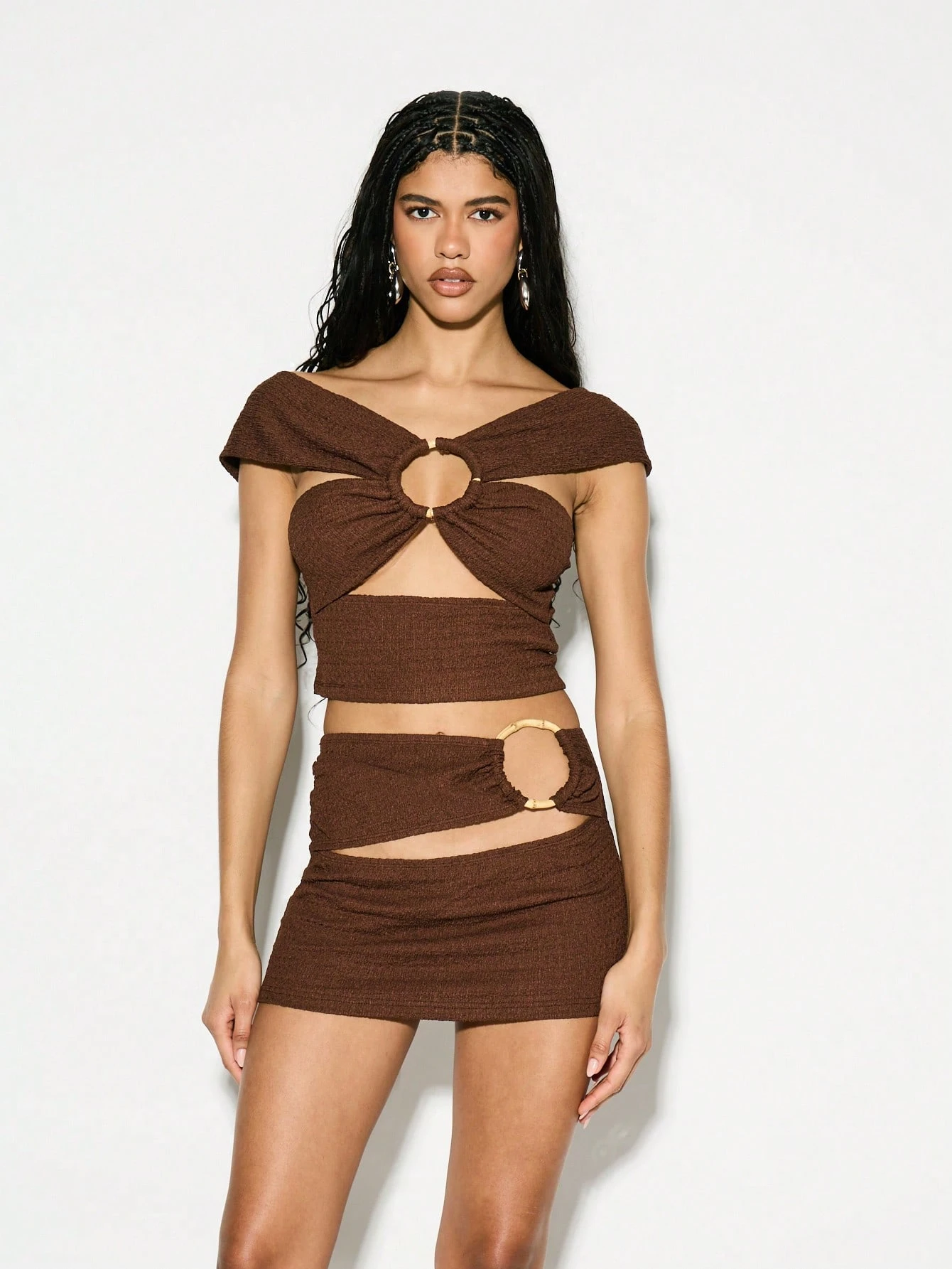 KIZN Brown Ring Detail Cut Out Halter Style Crop Top