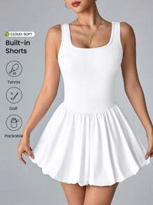 CourtClass 女式纯色蓬松网球裙，适合锻炼和运动 - 白色 - 查看 1