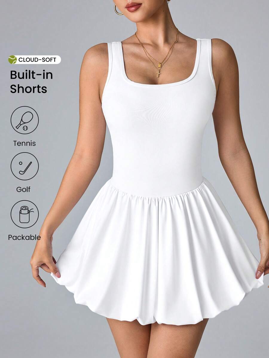CourtClass 女式纯色蓬松网球裙，适合锻炼和运动 - 白色 - 查看 1