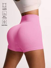 Gameset SHEIN Sport Quần short yoga bó liền mạch màu trơn cho nữ Quần đùi thể thao nữ, Quần đùi tập gym, Quần đùi đi xe đạp - Màu Hồng baby - Xem 2