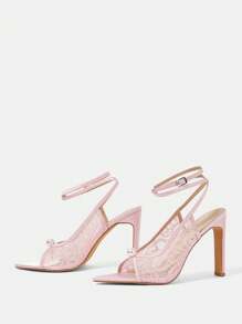 CUCCOO HITCHD 女士新款踝带尖头珍珠装饰粗跟优雅浪漫时尚淡粉色网眼蕾丝高跟凉鞋，新娘婚礼派对晚礼服鞋 - 粉色 - 查看 9