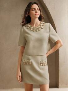 Anewsta 2 pezzi/set Top a maniche corte con collo rotondo ed elegante minigonna in stile urbano, con ricami di perline fatti a mano, completo primavera/estate per donne