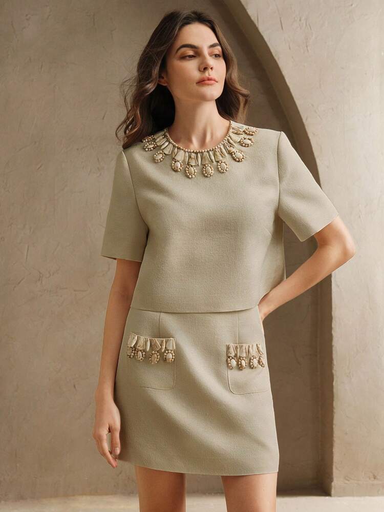 2pcs/Set Elegant Urban Style Round Neck Short Sleeve Top And Mini Skirt With Handmade Bead Embroidery, Spring/Summer Outfits For Women