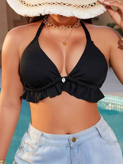 Swim Vcay Plus Size Basic Triangle Bikinitopp, minimalistisk stil för semester