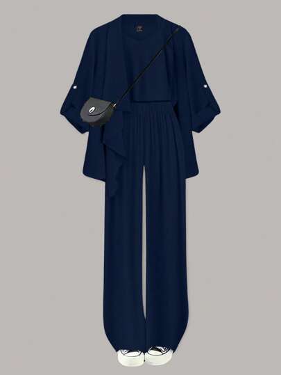 Linhara Plus Size Women's Solid Woven Cardigan + Camisole + Loose Casual Pants 3 Piece Set Fall Cloth For Women