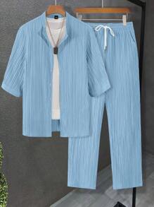 Manfinity RSRT Conjunto informal de camisa de manga corta y pantalón largo de unicolor para hombres