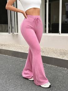 SHEIN EZwear Women's Pink Knitted Casual Long Sweatpants With Drawstring Waist And Flared Leg - Pink - View 3
