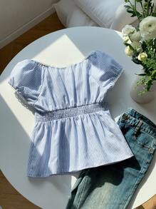 Comfortcana Áo sơ mi cài nút dệt sọc thường ngày cho nữ, màu xanh - Xanh và trắng - Xem 3