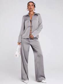 SHEIN BAE 女士香槟色纯色通勤休闲/办公室装/做旧款/时尚出游/缎面直筒裤/春季女裤 - 淺灰色 - 查看 5