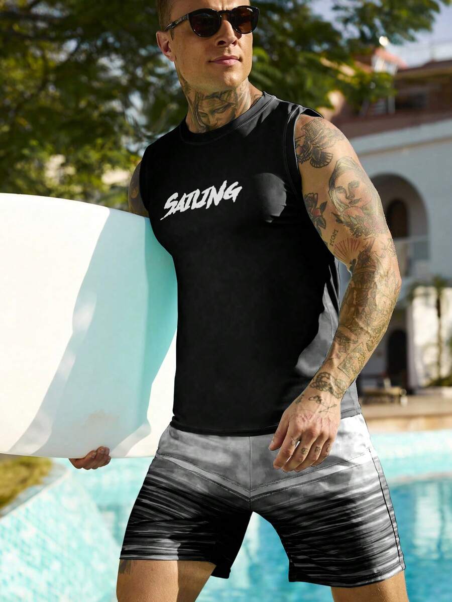 Manfinity Swimmode 2pcs Men Summer Holiday Letter Print Tank Top And Shorts Swimming Trunks Set,Hawaiian - Black and White - View 1