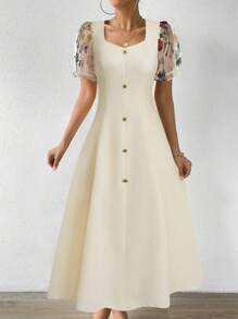 Elenzga Robe femme élégante à encolure carrée, style A-line avec décoration de boutons, maille jacquard, manches bouffantes et patchwork - Nude - Voir 5