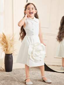 SHEIN 2 Stücke Kleine Mädchen Lässig minimalistischer, komfortabler Polokragen, Perlen Dekor, 3D Blumen Ärmellos Shirt und Mini Rock Set