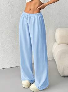 SHEIN EZwear 女士纯色抽绳腰直筒宽松休闲运动裤，适合毕业季、教师节、返校季穿着 - 藍色 - 查看 5