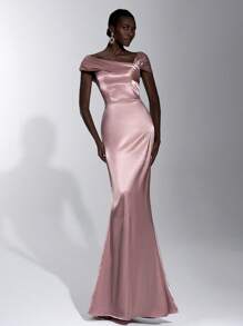 Elitara 优雅浪漫复古粉色缎面弹力面料露肩收腰美人鱼连衣裙，适合约会、生日派对、度假、婚礼、伴娘 - 藕粉色 - 查看 3