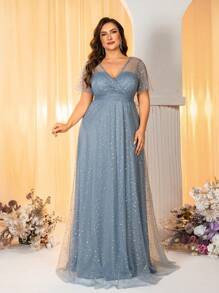 SHEIN Belle Vestido de dama de honor de tul con lentejuelas, volantes, mangas abullonadas, decoración de tela plisada, elegante y romántico, en azul polvoriento de talla grande - Neblina azul - Ver 5