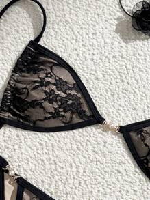 Swim Vcay 2pcs/Set Women Knitted Sexy Solid Color Lace Halter Open Back Tie Strap Micro Bikini Tankini And Thong Swimsuit Set For Summer Beach Vacation - Black - View 3