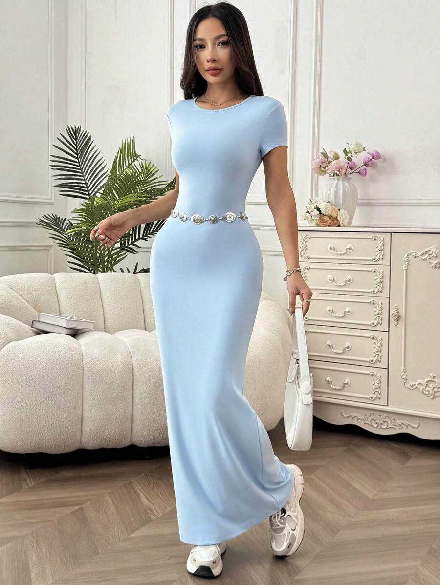 SHEIN EZwear Đầm dài ôm vừa vặn màu trơn đơn giản cho nữ - Màu xanh lam - Xem 1
