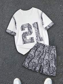 Manfinity EMRG Plus Size Men's Numeric Print Crew Neck Short Sleeve T-Shirt And Drawstring Waist Shorts Casual Set - White - View 1