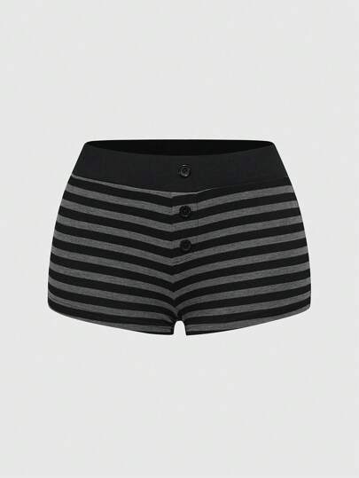 Fairycore Pantaloncini a triangolo da taglie forti con tre bottoni, stile americano a righe bianche e grigie