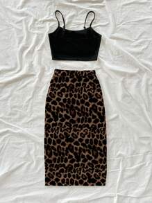 Soleia Casual & Holiday Style Black Solid Color Spaghetti Strap Tank Top & Khaki Leopard Print A-Line Split Hem Skirt 2 Pieces Set For Women,Summer Sets Suitable For Going Out - Khaki - View 2