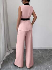 Elenzga Elegant Commuter Chic Sleeveless Contrast Collar Self-Tie Waist Double-Breasted Ladies Straight Pants Suit - Pink - View 2