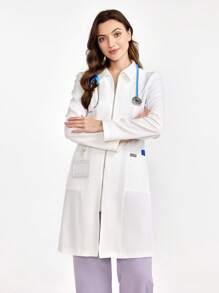 Scrubzie Women's Solid Color Zipper Collar Long Sleeve Lab Coat/White Coat - White - View 6