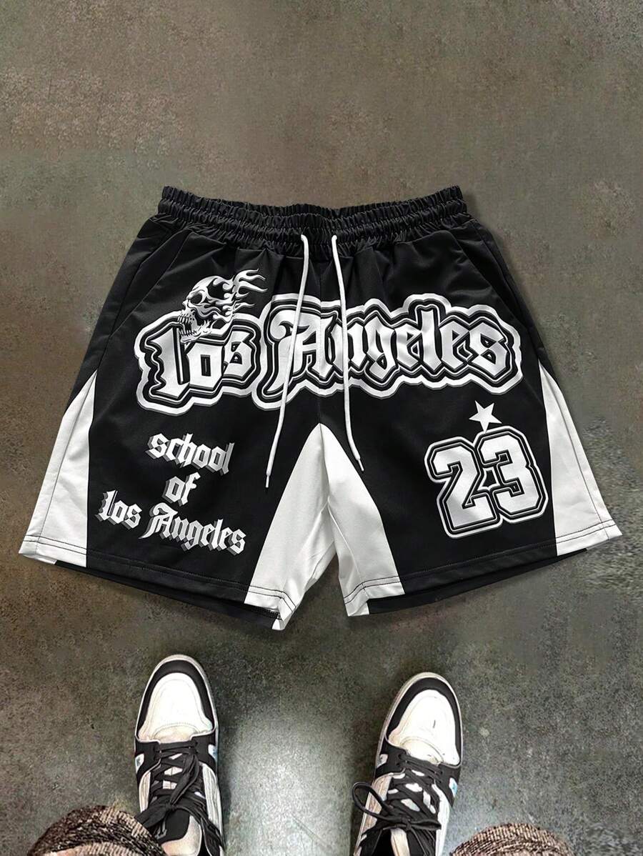 PAVTROS 男士抽绳腰字母图案短裤 - 黑色 - 查看 1