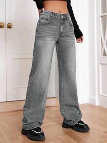 SHEIN EZwear 女士口袋装饰宽腿宽松休闲百搭牛仔裤 - 灰色 - 查看 3