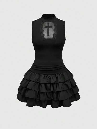 Goth Vestido corto de tul transparente con bordado en forma de cruz y volante en el borde