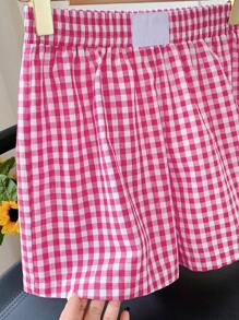 Comfortcana Women's Casual Woven Checkered Elastic Waist Shorts, Summer - Hot Pink - View 5