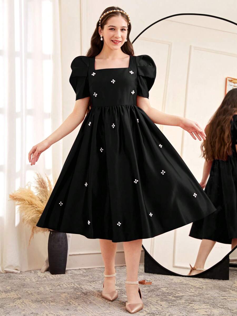SHEIN Váy xòe công chúa bằng vải satin cổ vuông đính hạt thanh lịch cho bé gái tuổi teen, thích hợp cho đám cưới, tiệc tùng, sinh nhật, tụ họp, mùa xuân/hè - màu đen - Xem 1