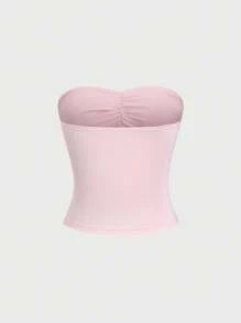 Sweetra 全新 Y2K 风格花朵图案褶皱腰修身短款抹胸女式 - 淺粉色 - 查看 2