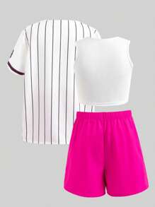 SHEIN Explorewe Bộ áo khoác rộng in chữ sọc đen cổ điển dành cho bé gái tuổi teen, áo ba lỗ ôm sát màu trắng và quần short màu hồng cánh sen - Màu Hồng Tươi - Xem 2