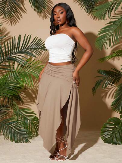 SHEIN SXY Plus Size Women 2025 Spring Summer New City Vacation Gray Khaki Solid Color Ruched Waist Asymmetrical Hem High Slit Sexy Skirt, Suitable For Beach Vacation, Date Night, Birthday, Bachelorette Party, Cute, Casual, Shopping, Streetwear, Going Out, Coquette, Easy To Match & Looks Slim, Accent Your Body, Flatter The Figure