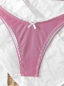Swim Mod 2pcs/Set Women Summer Striped Print Ruffle Trim Bowknot Bikini Bathing Suit - Red - View 5