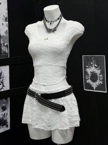 EgrlEra 2pcs Women's Lace Sheer Floral Trim Blouse + Mini Skirt Set - White - View 5