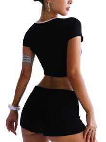 Easithlete Women's Front Tie Short Sleeve Ruched Crop Sports T-Shirt - Black - View 2