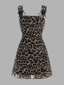 SHEIN Tween Girl Bow Accent Leopard Print Sleeveless Crew Neck Fitted Dress - Brown - View 4