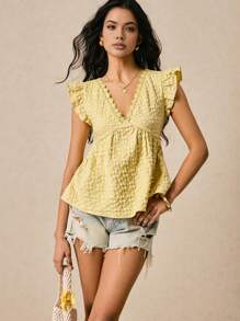 Poéselle Cremegelbe Bluse, Jacquard-Gewebe mit Dreidimensionalität, Spitzenbesatz, Puppenbluse, Ausgehenshirt, Damen Urlaubs-Lässig-Einfarbige Jacquard-Bluse mit Puffärmeln, Buttergelb