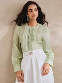 Anewsta Elaire 女式透明荷叶边领性感长袖衬衫，“Old Money” - 綠色 - 查看 4